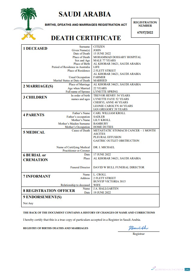 Download Saudi Arabia death certificate Word and PDF template Photoshop template